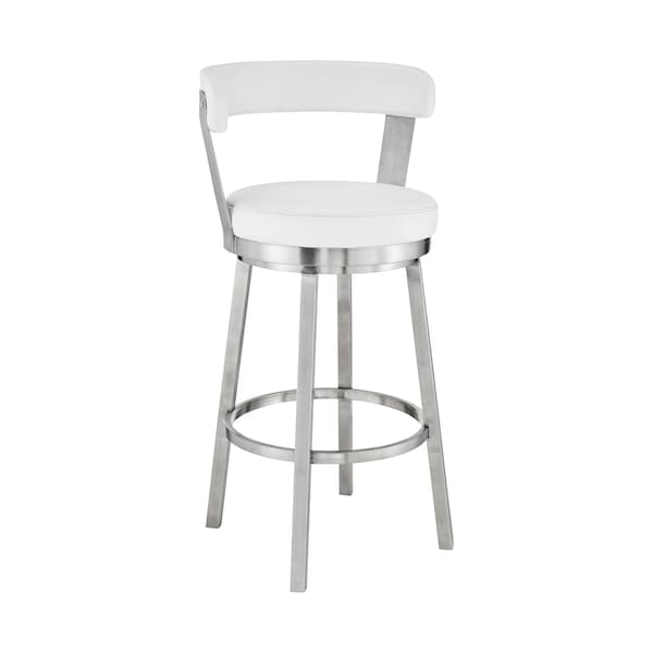Armen Living Kobe 26" Counter Height Swivel Bar Stool in Brushed Stainless Steel Finish and White Faux Leather 721535761821 - main